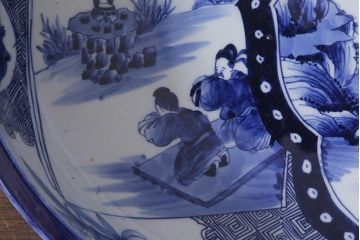 明治期　上手物　在銘　窓絵山水図唐人図　染付伊万里大鉢(大皿)(R-042129)