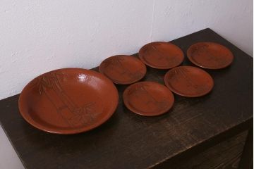 アンティーク雑貨　昭和初期　鎌倉彫　菓子皿　銘名皿5枚(在銘作家物)(R-042132)