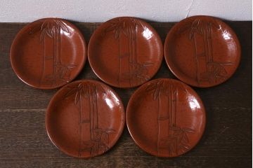 アンティーク雑貨　昭和初期　鎌倉彫　菓子皿　銘名皿5枚(在銘作家物)(R-042132)