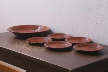 アンティーク雑貨　昭和初期　鎌倉彫　菓子皿　銘名皿5枚(在銘作家物)(R-042132)