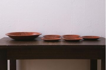 アンティーク雑貨　昭和初期　鎌倉彫　菓子皿　銘名皿5枚(在銘作家物)(R-042132)