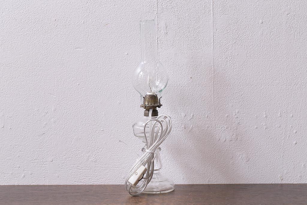 アンティーク照明　昭和初期　オイルランプリメイク　気泡ガラスがレトロで趣あふれるテーブルランプ(スタンドライト、卓上照明)(R-042139)