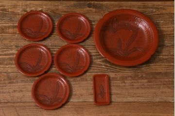 アンティーク雑貨　昭和初期　鎌倉彫　菓子皿　銘名皿7枚(漆器)(R-042180)