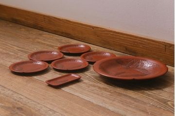 アンティーク雑貨　昭和初期　鎌倉彫　菓子皿　銘名皿7枚(漆器)(R-042180)