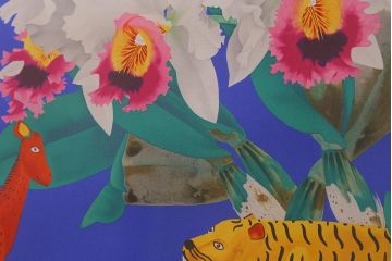 中島千波　「カトレアと虎と馬」　リトグラフ　20/200　印章有　額装(R-042183)