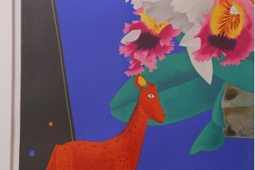 中島千波　「カトレアと虎と馬」　リトグラフ　20/200　印章有　額装(R-042183)