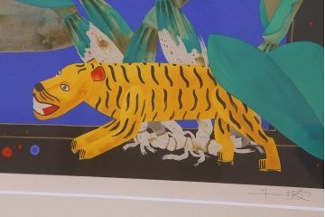 中島千波　「カトレアと虎と馬」　リトグラフ　20/200　印章有　額装(R-042183)