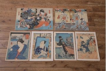 アンティーク雑貨　江戸〜明治　浮世絵　古い版画8枚(豊國、國芳、國周、國網)(R-042186)