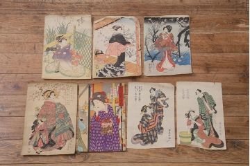 アンティーク雑貨　江戸〜明治　浮世絵　古い版画7枚(豊國、英泉、國安)(R-042188)