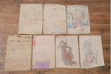 アンティーク雑貨　江戸〜明治　浮世絵　古い版画7枚(豊國、英泉、國安)(R-042188)