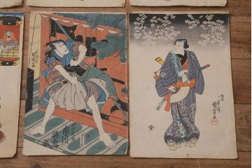 アンティーク雑貨　江戸〜明治　浮世絵　古い版画6枚(豊國、國貞、國芳)(R-042189)