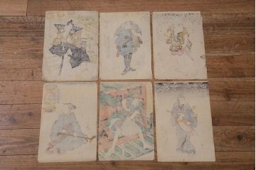 アンティーク雑貨　江戸〜明治　浮世絵　古い版画6枚(豊國、國貞、國芳)(R-042189)