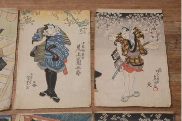 アンティーク雑貨　江戸〜明治　浮世絵　古い版画6枚(豊國、國貞、國芳)(R-042189)