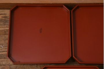 アンティーク雑貨　明治期　共箱　根来塗お膳5客セット(木製漆器、和食器)(R-042191)