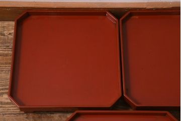 アンティーク雑貨　明治期　共箱　根来塗お膳5客セット(木製漆器、和食器)(R-042192)