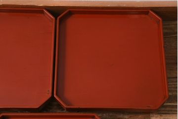 アンティーク雑貨　明治期　共箱　根来塗お膳5客セット(木製漆器、和食器)(R-042192)