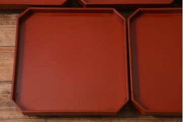 アンティーク雑貨　明治期　共箱　根来塗お膳5客セット(木製漆器、和食器)(R-042192)