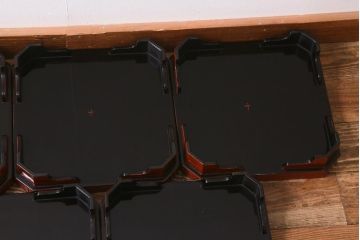 アンティーク雑貨　明治期　共箱　根来塗お膳5客セット(木製漆器、和食器)(R-042192)