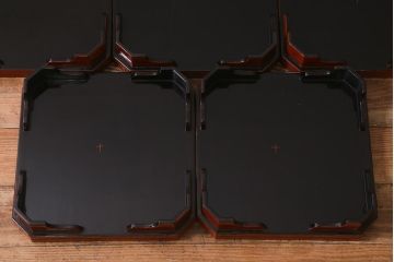 アンティーク雑貨　明治期　共箱　根来塗お膳5客セット(木製漆器、和食器)(R-042192)
