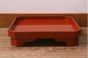 アンティーク雑貨　明治期　共箱　根来塗お膳5客セット(木製漆器、和食器)(R-042192)