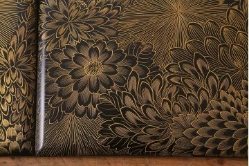 アンティーク雑貨　明治大正期　共箱　黒塗沈金蒔絵五段重(重箱、漆器)(R-042193)