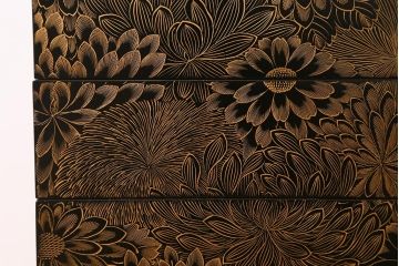 アンティーク雑貨　明治大正期　共箱　黒塗沈金蒔絵五段重(重箱、漆器)(R-042193)