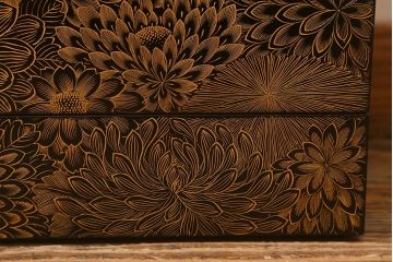 アンティーク雑貨　明治大正期　共箱　黒塗沈金蒔絵五段重(重箱、漆器)(R-042193)