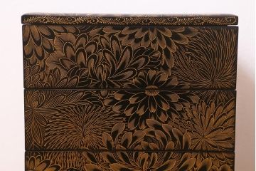 アンティーク雑貨　明治大正期　共箱　黒塗沈金蒔絵五段重(重箱、漆器)(R-042193)