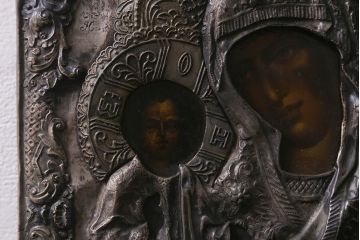 アンティーク雑貨　西洋アンティーク　イコン聖像　マリアとイエスキリスト(宗教美術)(R-042200)