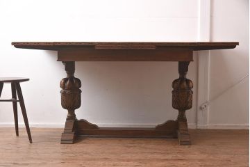 アンティーク家具　イギリスアンティーク　オーク材　存在感あるバルボスレッグのドローリーフテーブル(エクステンションテーブル、ダイニングテーブル)(R-042214)
