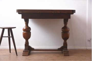 アンティーク家具　イギリスアンティーク　オーク材　丸みのあるバルボスレッグが魅力的なドローリーフテーブル(エクステンションテーブル、ダイニングテーブル)(R-042217)
