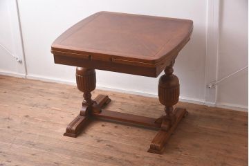 アンティーク家具　イギリスアンティーク　オーク材　バルボスレッグ　パーケット天板のドローリーフテーブル(エクステンションテーブル、ダイニングテーブル)(R-042218)