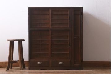 和製アンティーク　昭和初期　引き出し付き!レトロなデザインのアンティーク下駄箱(収納棚、戸棚)(R-042220)