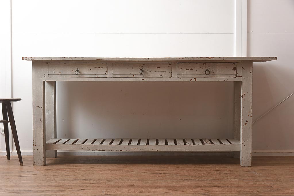 中古　アンティーク風　擦れたペイントがおしゃれなカウンターテーブル(作業台)(R-042230)