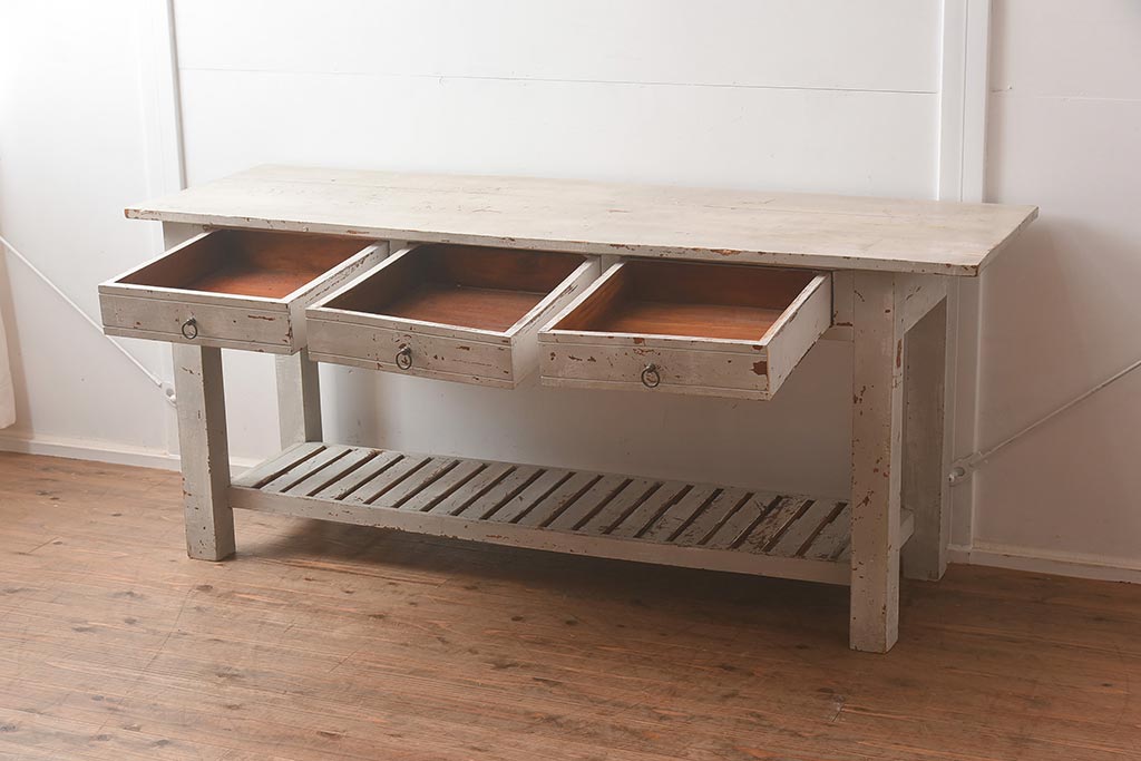中古　アンティーク風　擦れたペイントがおしゃれなカウンターテーブル(作業台)(R-042230)