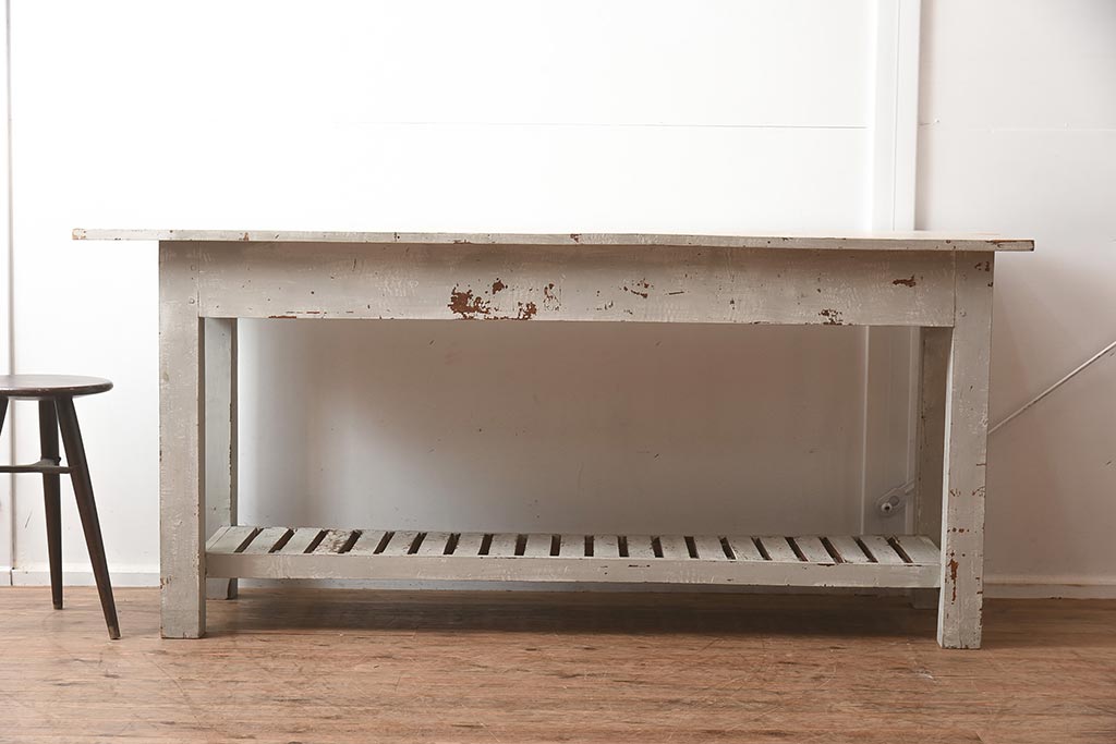 中古　アンティーク風　擦れたペイントがおしゃれなカウンターテーブル(作業台)(R-042230)