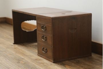 和製アンティーク　指物家具　タモ材　一風変わった造りの折り畳み式文机(座机、在宅用、在宅ワーク、サイドチェスト)(R-042249)