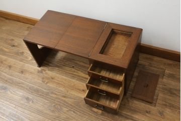 和製アンティーク　指物家具　タモ材　一風変わった造りの折り畳み式文机(座机、在宅用、在宅ワーク、サイドチェスト)(R-042249)