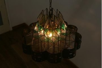 ヴィンテージ照明　ステンドグラス　万華鏡のようなデザインが美しいシャンデリア(天井照明、吊り下げ照明、ビンテージ)(R-042257)