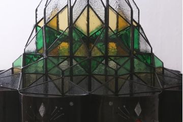 ヴィンテージ照明　ステンドグラス　万華鏡のようなデザインが美しいシャンデリア(天井照明、吊り下げ照明、ビンテージ)(R-042257)