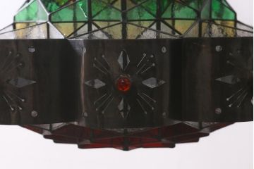 ヴィンテージ照明　ステンドグラス　万華鏡のようなデザインが美しいシャンデリア(天井照明、吊り下げ照明、ビンテージ)(R-042257)