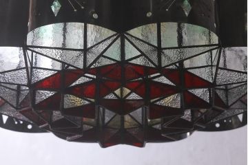 ヴィンテージ照明　ステンドグラス　万華鏡のようなデザインが美しいシャンデリア(天井照明、吊り下げ照明、ビンテージ)(R-042257)