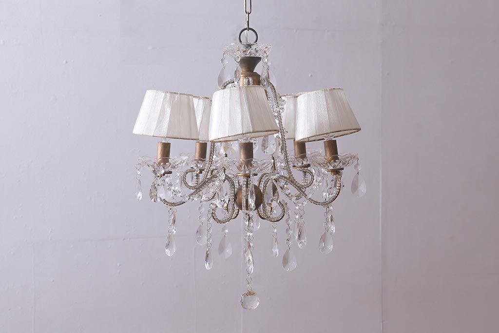 アンティーク照明　ヨーロッパアンティーク　5灯　プリーツのシェードが優しげな雰囲気のシャンデリア(天井照明、吊り下げ照明)(R-042268)