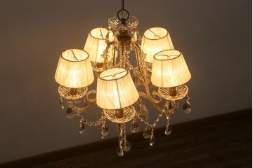 アンティーク照明　ヨーロッパアンティーク　5灯　プリーツのシェードが優しげな雰囲気のシャンデリア(天井照明、吊り下げ照明)(R-042268)