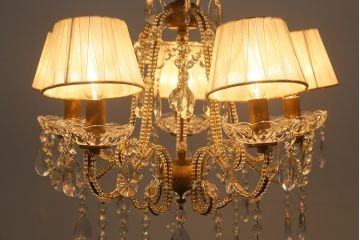 アンティーク照明　ヨーロッパアンティーク　5灯　プリーツのシェードが優しげな雰囲気のシャンデリア(天井照明、吊り下げ照明)(R-042268)