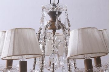 アンティーク照明　ヨーロッパアンティーク　5灯　プリーツのシェードが優しげな雰囲気のシャンデリア(天井照明、吊り下げ照明)(R-042268)