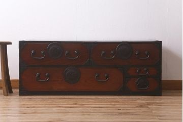 アンティーク家具　明治大正期　前面ケヤキ材　漆塗り　上品な和の雰囲気漂う相馬箪笥ローボード(ローチェスト、引き出し、衣装箪笥)(R-042298)