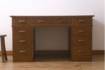 レトロ家具　ナラ材　昭和レトロな雰囲気満載の両袖デスク(机、在宅ワーク、在宅用両袖机、在宅ワーク、在宅用ワークデスク、勉強机)(R-042301)
