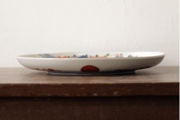 江戸期　伊万里焼　金彩色絵染付九寸皿(窓絵、9寸皿、大皿、古伊万里、和食器)(R-042309)