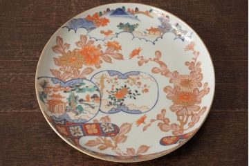 江戸期　伊万里焼　金彩色絵染付九寸皿(窓絵、9寸皿、大皿、古伊万里、和食器)(R-042309)